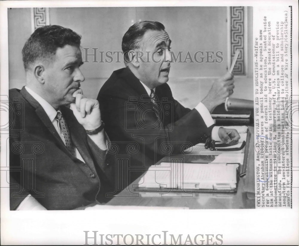 1961 Press Photo Abraham Ribicoff with Sterling M. McMurrin, Senate Education - Historic Images