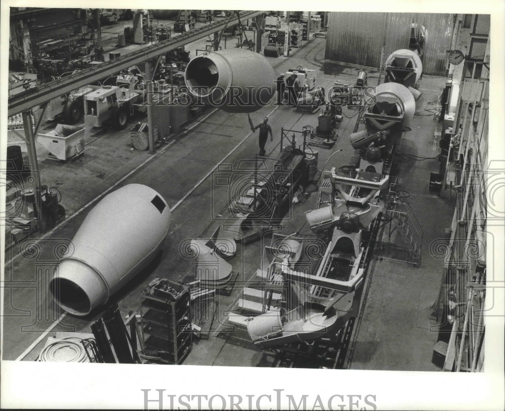 1982 Workers at Rexworks, Inc assemble concrete truck mixers-Historic Images
