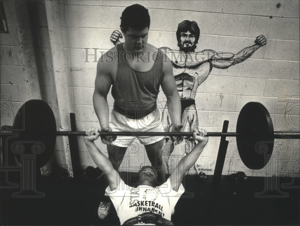 1991 Mukwonago High weight instructor Brett Sadler with Damian Vertz - Historic Images