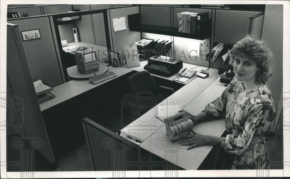 1988 Janet Talaska and control panel at Johnson Controls Milwaukee-Historic Images