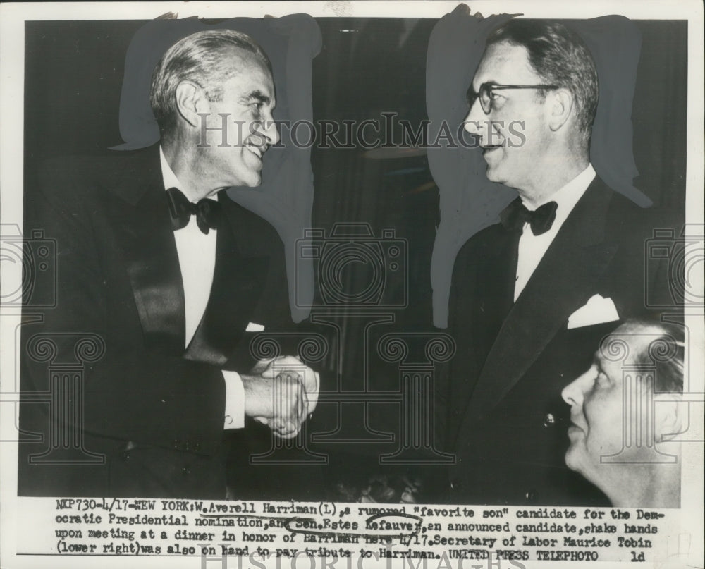 1952 Press Photo Averell Harriman (L) meets Senator Kefauver at dinner- Historic Images