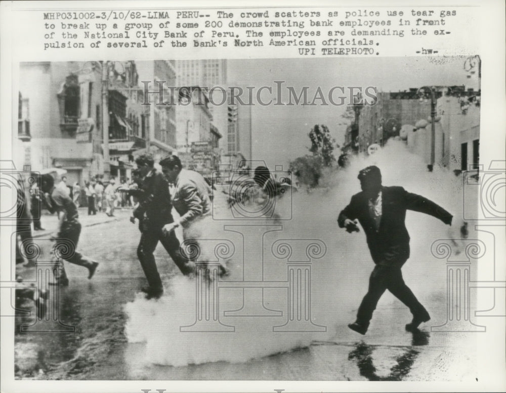 1962 Bank demonstrators deterred by Lima, Peru police tear gas bombs-Historic Images