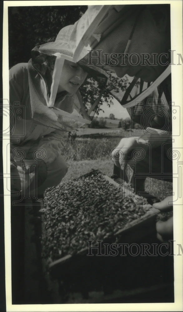 1993 Anette Phibus (L) and Walter Diehnelt check hives, Honey Acres - Historic Images