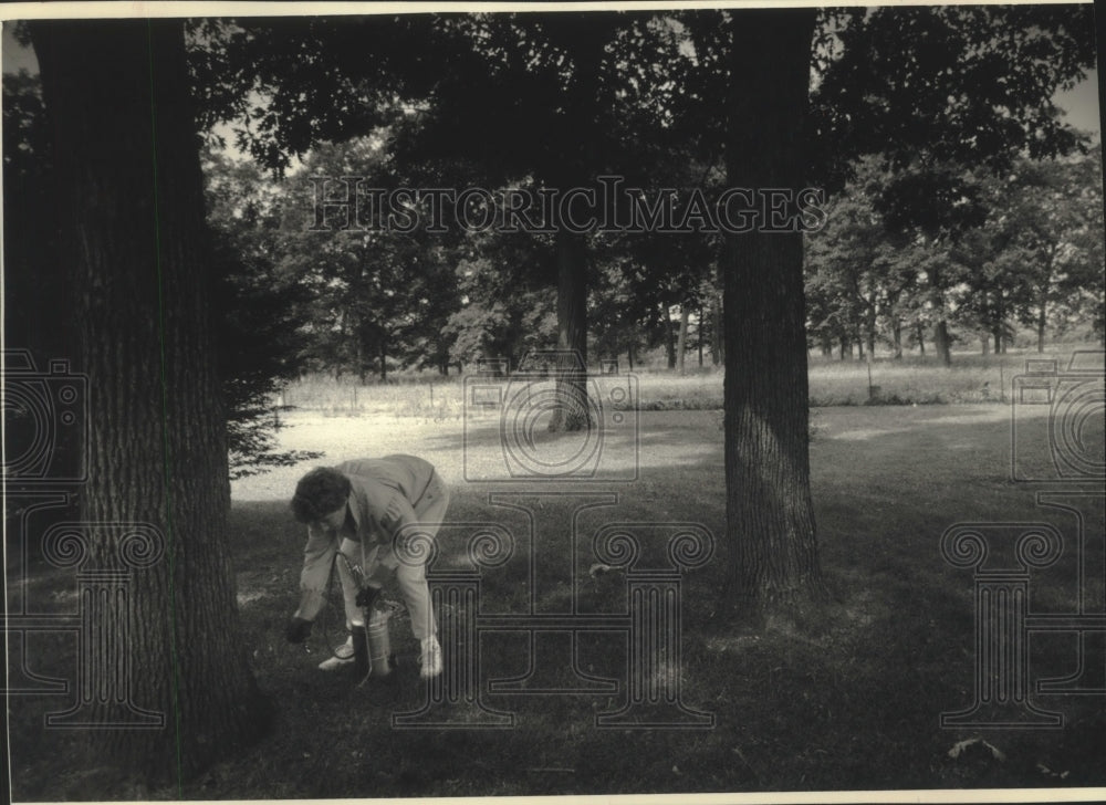 1993 Press Photo Patty Tjole, ABC Exterminating, Milwaukee, looks for ants - Historic Images