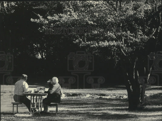 1985 Press Photo Mary and Stan Kostrewski share picnic at Frame Park in Waukesha - Historic Images