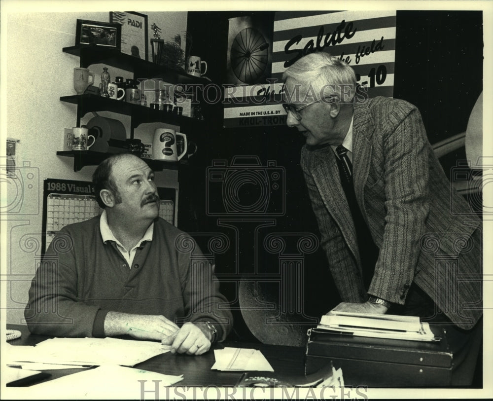 1988 John Kaul (L) meets with Joe Koelsch at satellite dish plant-Historic Images