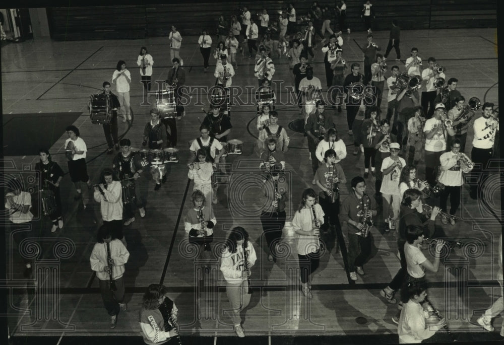 1989 South Milwaukee High School Marching Band practice at school - Historic Images
