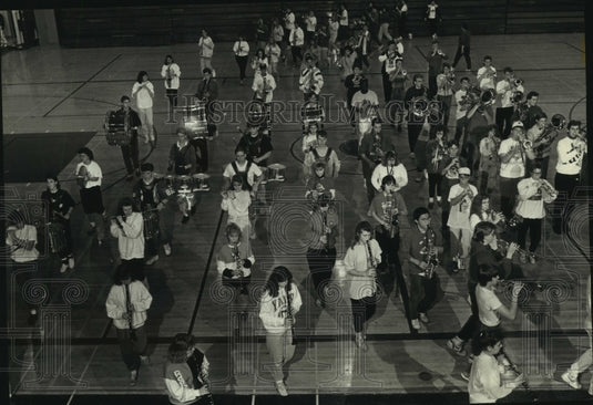 1989 South Milwaukee High School Marching Band practice at school - Historic Images