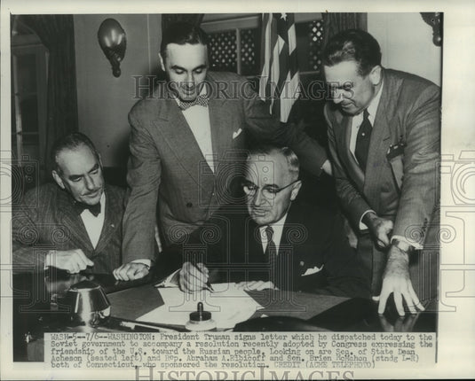 1951 Truman signs letter stating friendship between U.S. & Russia-Historic Images