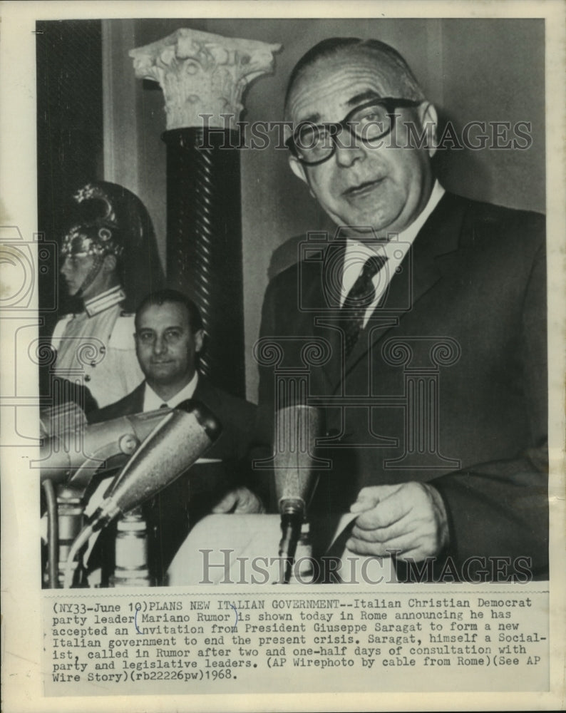 1968 Press Photo Italian Christian Democrat Leader, Mariano Rumor - mjb80157-Historic Images