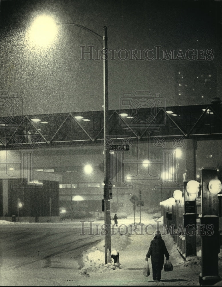 1988 Press Photo Woman walking near Arts Center during snowfall, Milwaukee. - Historic Images