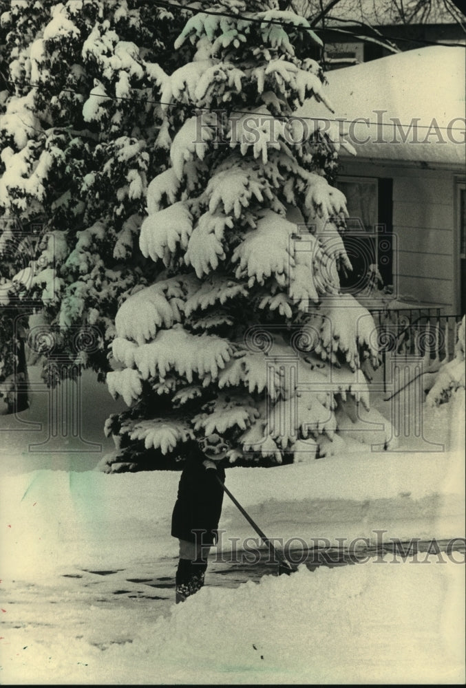 1988 Press Photo Woman resting on her shovel while clearing snow, Wisconsin. - Historic Images