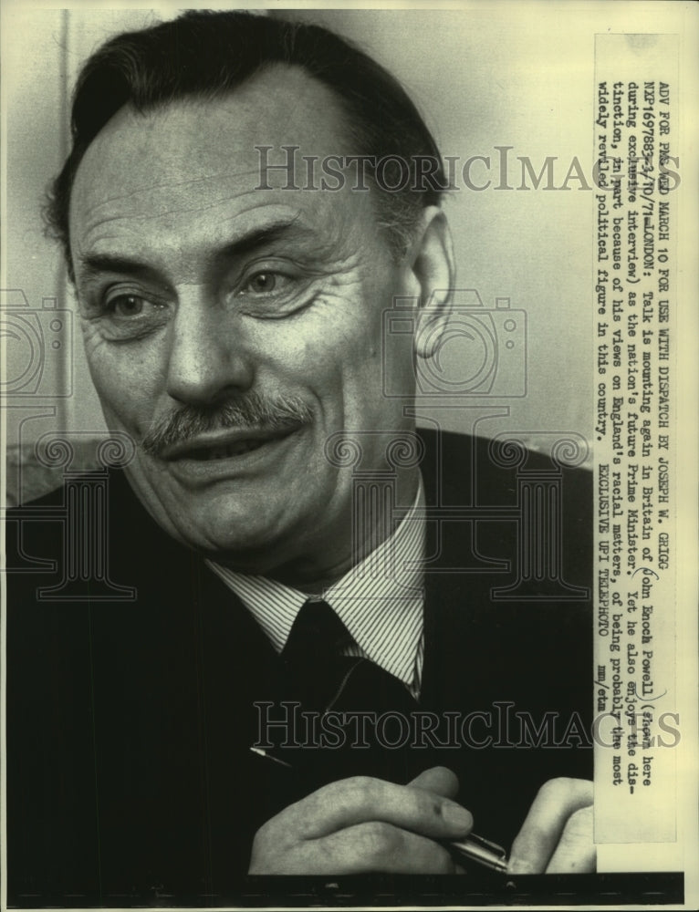 1971 Press Photo John Enoch Powell is interviewed in London, England - mjb80424-Historic Images