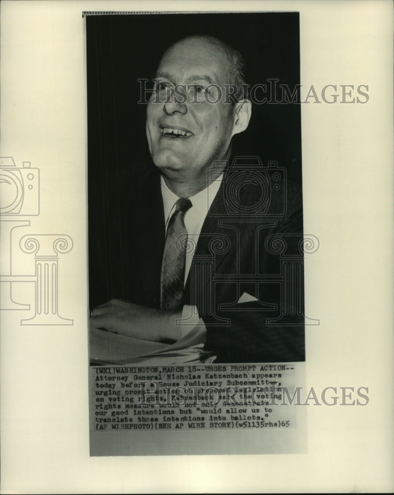 1965 Press Photo Atty. General Nicholas Katzenback, House Judiciary Subcommittee - Historic Images