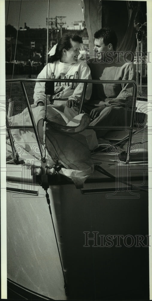 1992 Lynn &amp; Michael Kazmer on their Catalina sloop, Milwaukee harbor-Historic Images
