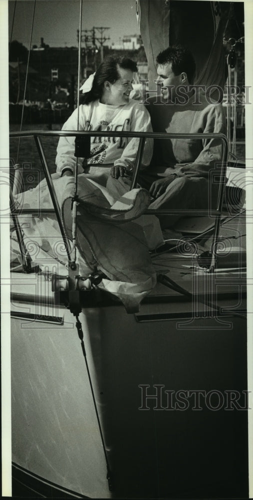 1992 Lynn & Michael Kazmer on their Catalina sloop, Milwaukee harbor-Historic Images
