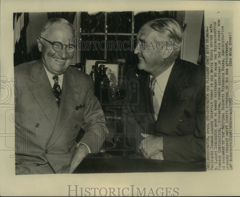 1951 Press Photo President Truman sits with Stuart Symington in Washington - Historic Images