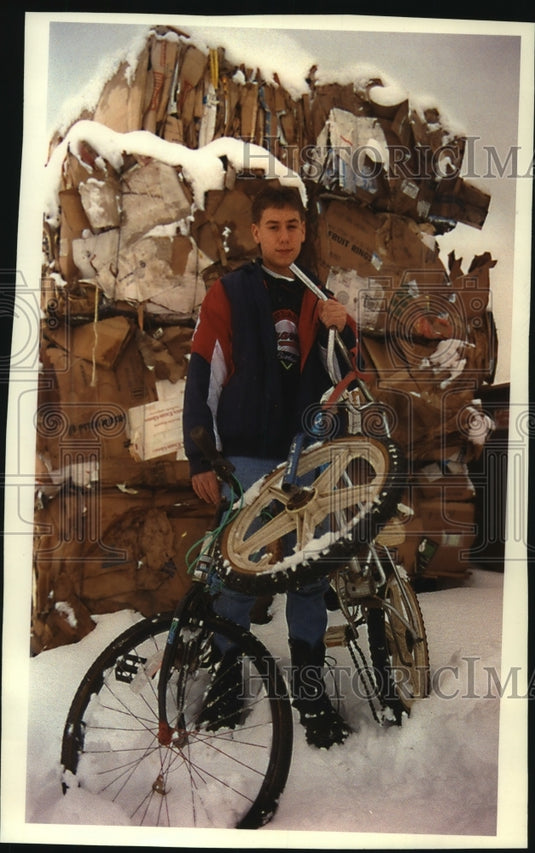1993 Jason Schultz with bikes he built from junkyard parts to donate - Historic Images