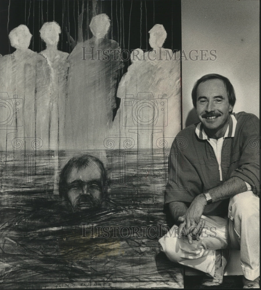 1988 Press Photo Thomas Hovorka in Front of His Painting &quot;Blind Swimmer&quot;-Historic Images