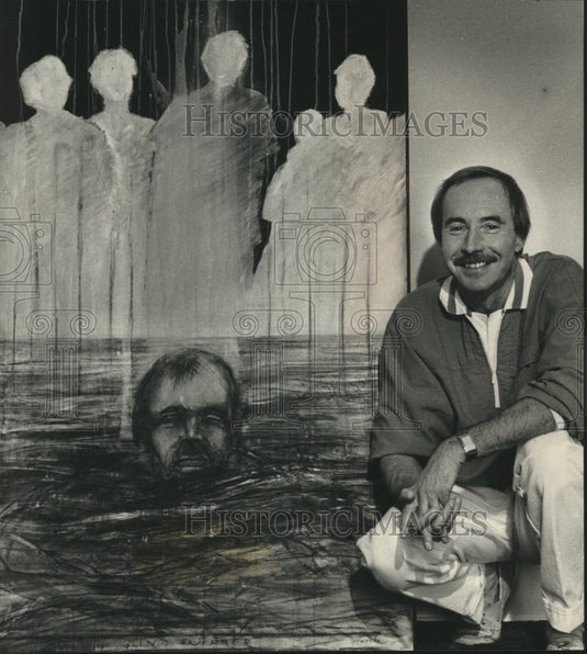 1988 Press Photo Thomas Hovorka in Front of His Painting "Blind Swimmer"-Historic Images