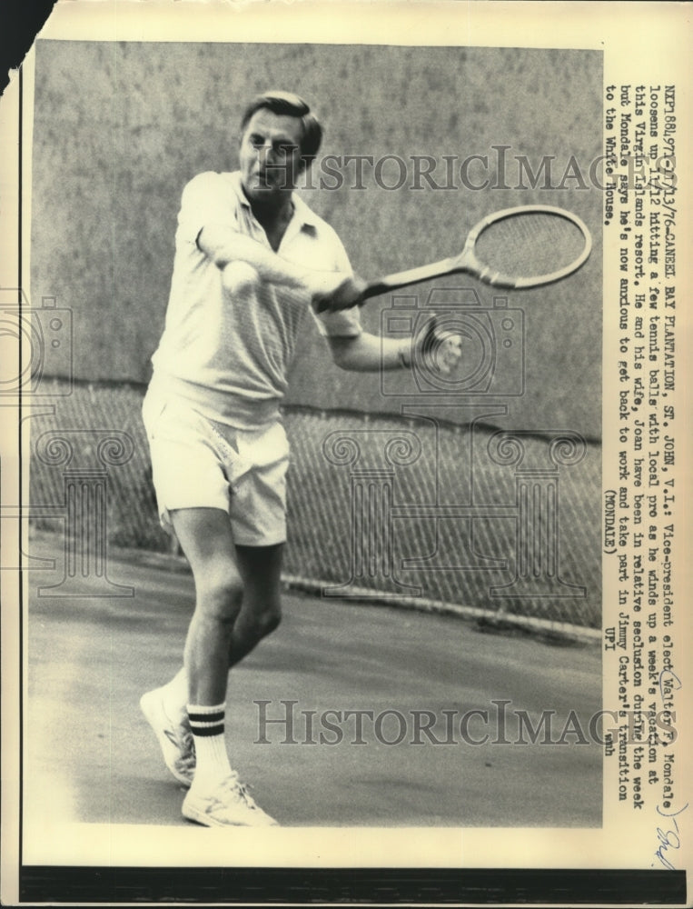 1977 VP Elect Walter Mondale playing tennis St. John, Virgin Islands-Historic Images