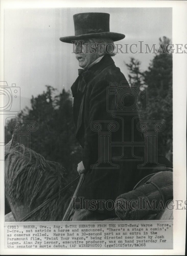 1968 Press Photo Senator Wayne Morse, Democratic-Oregon on horse in movie debut-Historic Images