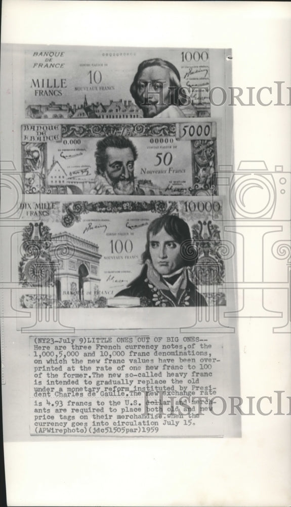 1959 Press Photo New French Currency Notes monetary reform by President-Historic Images