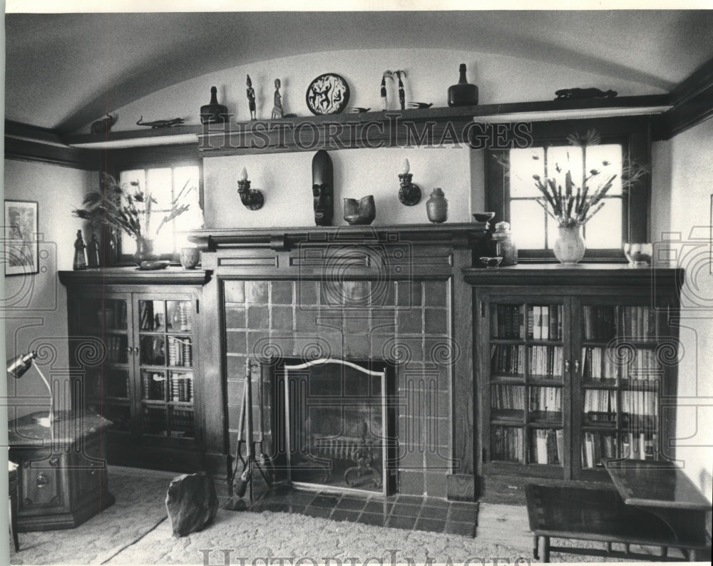 1972 Fireplace and bookcases features in a Milwaukee house-Historic Images