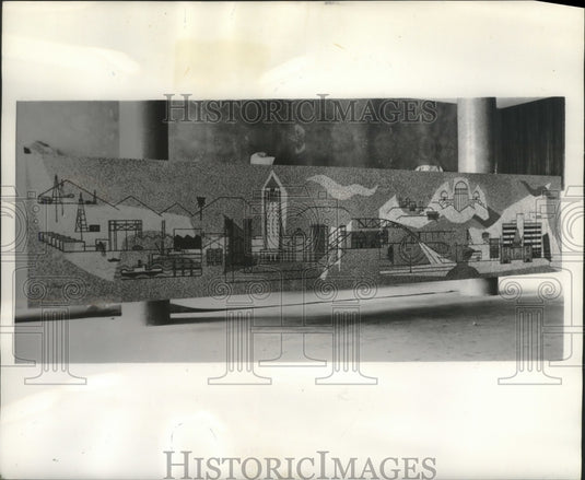 1955 Press Photo Mural shows local landmarks from oil wells to Grauman's Theatre- Historic Images