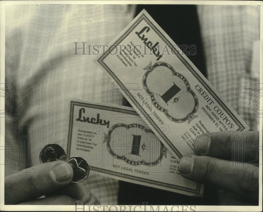 1974 Paper pennies from Lucky Grocery Stores in California-Historic Images