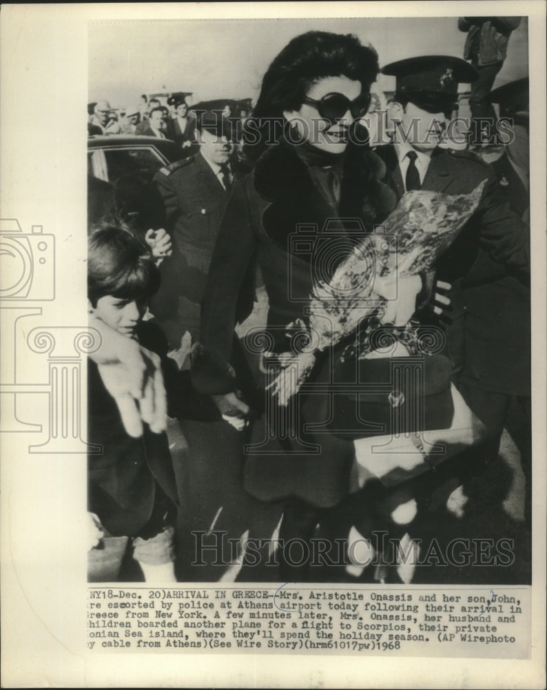 1968 Mrs. Aristotle Onassis and her son arrive in Greece - Historic Images