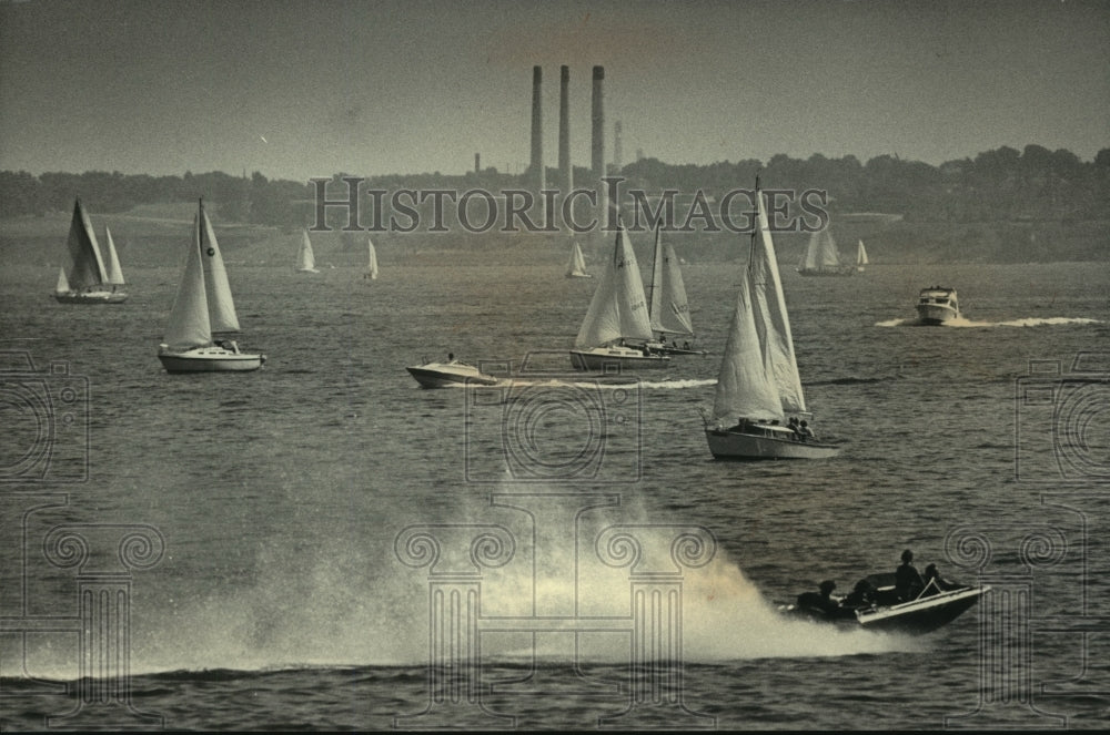 1983 Sailboats ply the waters of Lake Michigan off Oak Creek - Historic Images