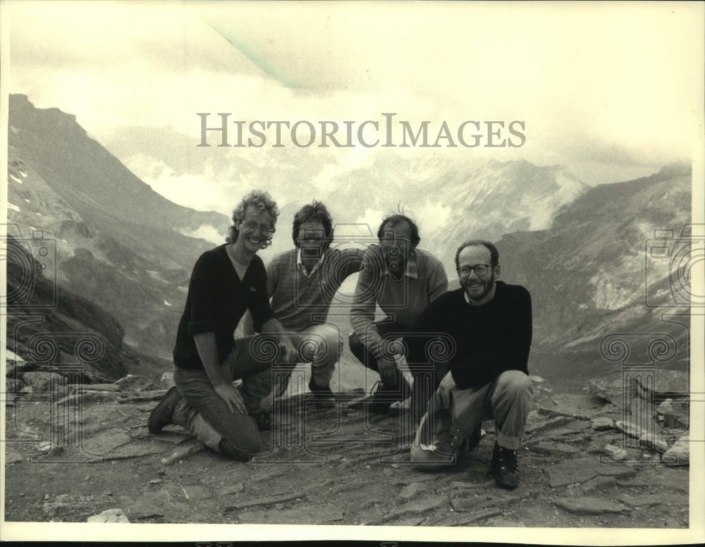 1987 British Hikers pose at Hohturli Pass, Switzerland - Historic Images