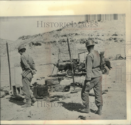 1963 Moroccan soldier on desolate battlefield of Hassi-Beida.-Historic Images