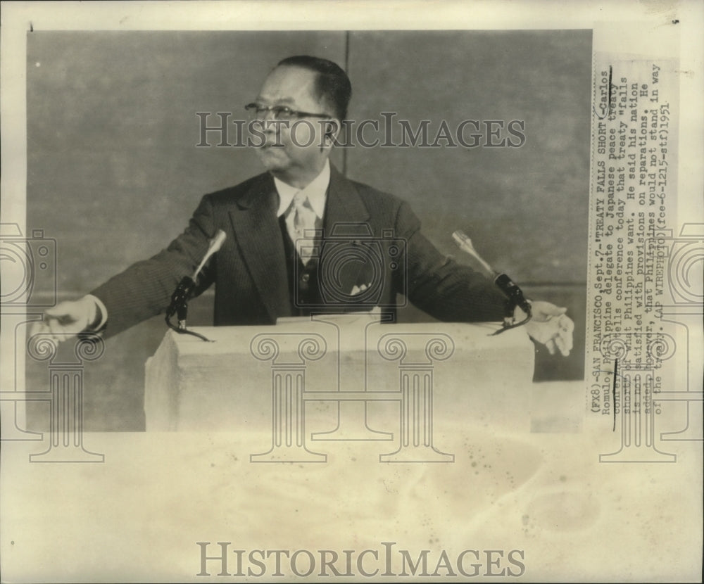 1951 Press Photo Carlos Romulo, Philippine delegate to Japanese peace treaty-Historic Images