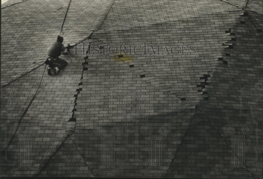 1994 Wayne Neally secures shingles on Milwaukee salt warehouse - Historic Images