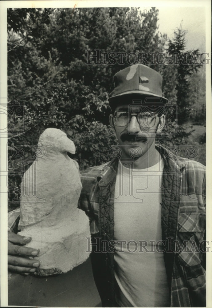 1991 Paul Salvinski, with his chain saw wood sculpture Wisconsin-Historic Images
