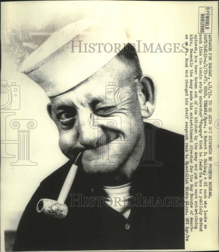 1973 Press Photo Robert Saling, GI Cook Who Looks Like Popeye, In Hood, Texas - Historic Images