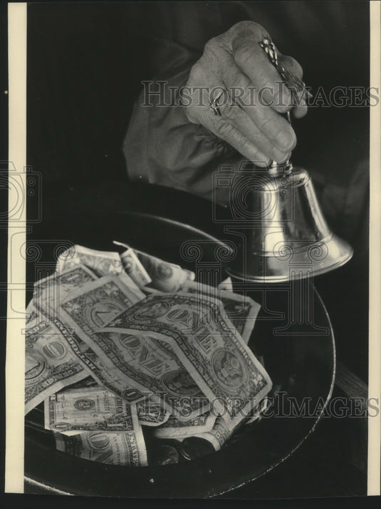 1984 Salvation Army bell & collection plate familiar holiday sound - Historic Images