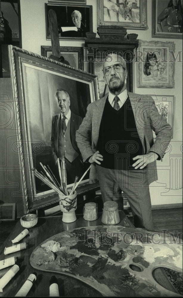 1983 Artist George Pollard with portrait of former Governor Dreyfus. - Historic Images