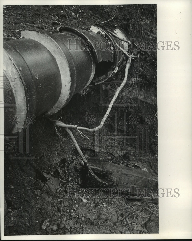 1970 Fluid drains from large hole in pipe, pollution-Historic Images