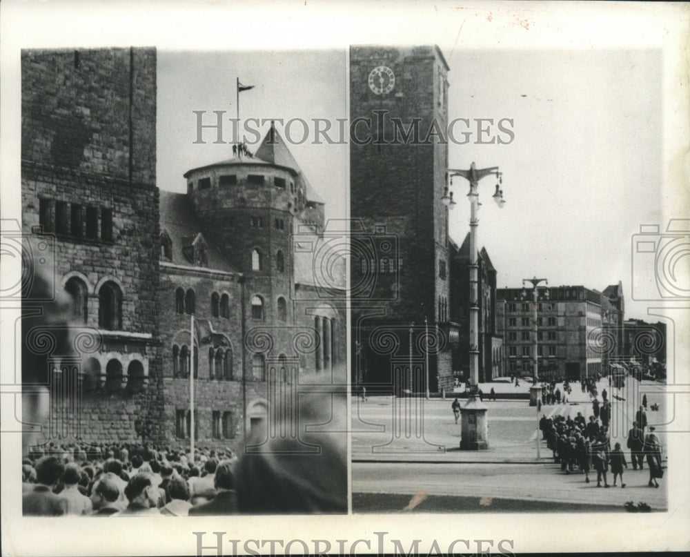 1957 Press Photo Two view of Poznan square, one during protest and one after-Historic Images