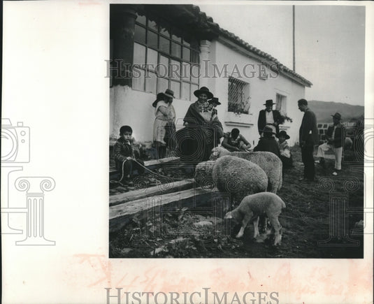 1964 Press Photo Indians On Galo Plaza's Hacienda With Sheep Greet Visitor - Historic Images
