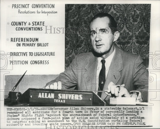 1956 Press Photo Governor Allan Shivers, in a statewide telecast - mjb91265 - Historic Images