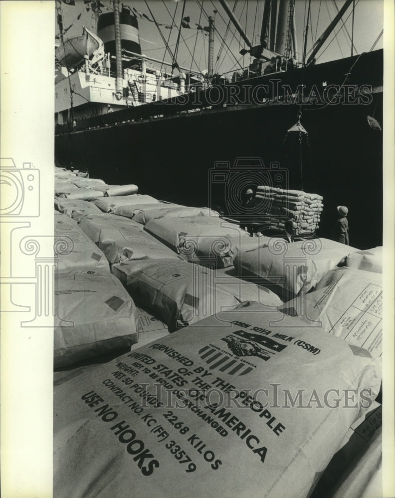 1983 Food loaded aboard a freighter at the Port of Milwaukee.-Historic Images