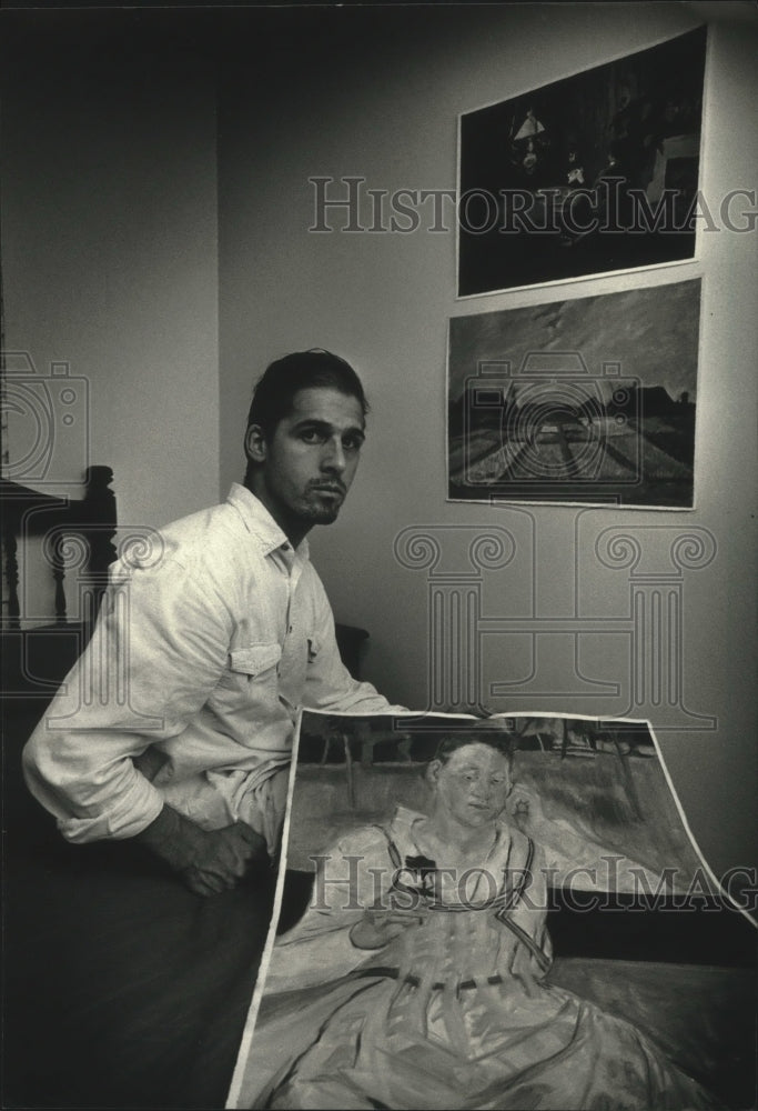 1989 Joseph Podlesnik with some of his paintings of famous works - Historic Images