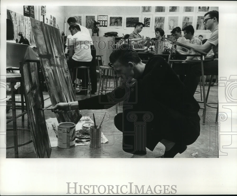 1963 Kenneth Duss working on abstract painting in Stanley, Wisconsin-Historic Images