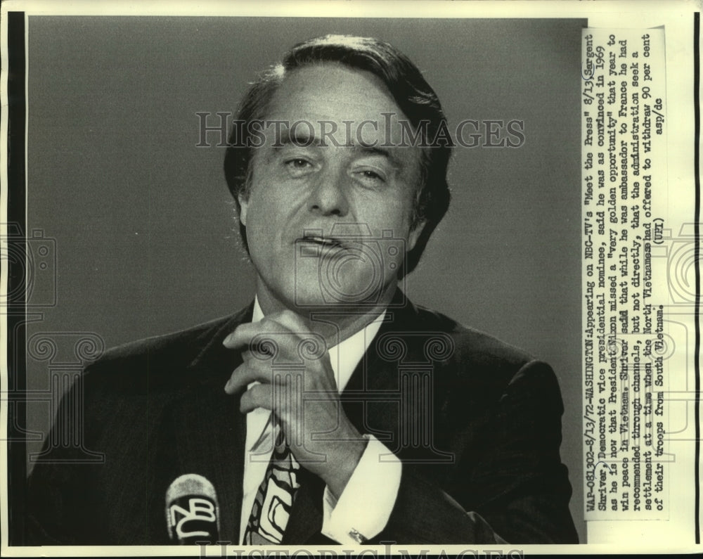 1972 Press Photo Vice Presidential nominee Sargent Shriver on Vietnam War-Historic Images