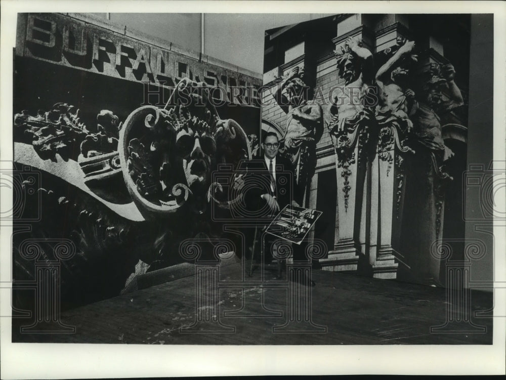 1964 Press Photo Artist, Walter Sheffer, dwarfed by huge art pieces - mjb94816-Historic Images