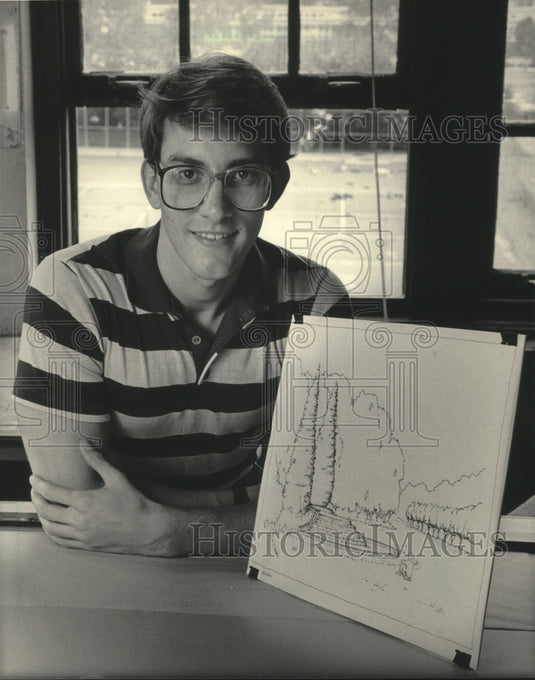 1985 Press Photo Ron Locast displayed one of his park illustrations of Guentheis - Historic Images